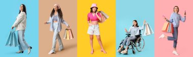 Arkaplanda alışveriş torbaları olan genç kadınların kolajı