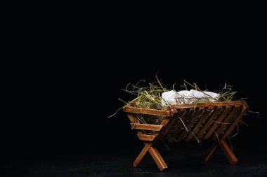 Koyu arkaplanda bebek ve saman olan ahır