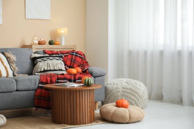 Oturma odasının sonbaharında rahat bir kanepe, puf, balkabağı ve sehpası vardı.