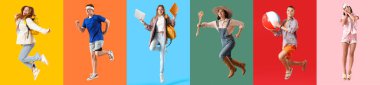 Renkli arka planda farklı zıplayan insanlar kümesi