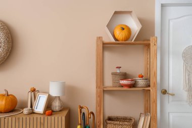 Odadaki bej duvarın yanında farklı dekoru olan raflar ve çekmeceler.