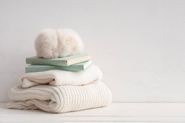 Kitapları ve beyaz arka planda kalın giysileri olan güzel bir kompozisyon