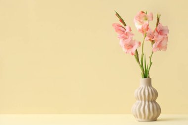 Bej arkaplanda bir buket güzel gladiolus çiçeği olan vazo.