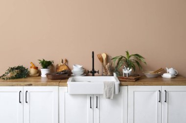 Mutfakta bej duvarın yanında lavabosu, bitkileri ve temiz tabakları olan beyaz tezgahlar.