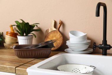 Bej duvarın yanındaki tezgahta bitkili temiz tabaklar.