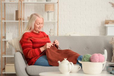 Olgun bir kadın evdeki kanepede iğneli kazak örüyor.