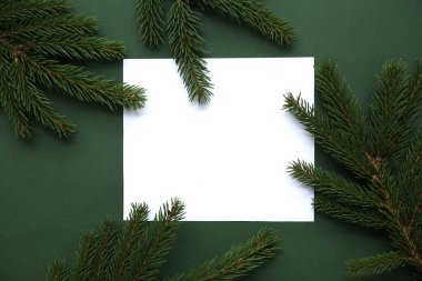 Yeşil arka planda boş kartı olan güzel bir Noel kompozisyonu. Üst görünüm