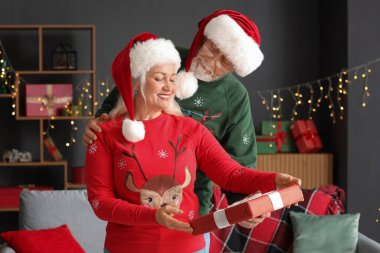 Evde Noel hediyesi ile Mutlu olgun çift