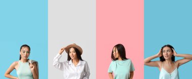 Renkli makyaj ve kıyafetleri olan Asyalı kadın kolajı.