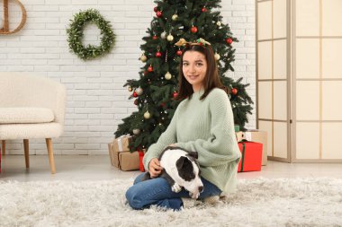 Geyik boynuzları takmış genç bir kadın Noel arifesinde şirin Staffordshire Terrier köpeğiyle evde.