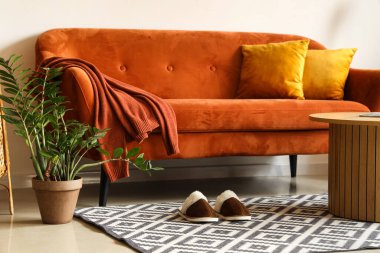 Oturma odasının iç tarafında bir çift yumuşak terlik.