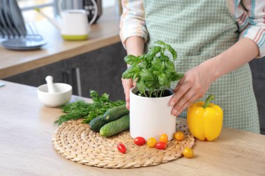 Fesleğen ve sebzeli kadın mutfakta.