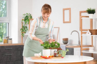 Mutfakta fesleğen bitkisi olan kadın.