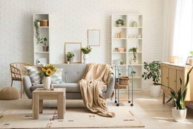 Yastıklı kanepe, ekose ve vazodaki yabani çiçekler oturma odasındaki sehpanın üzerinde.