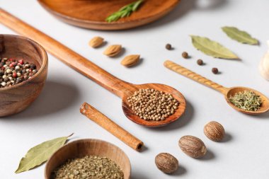 Gri arka planda çeşitli aromatik baharatlarla kompozisyon