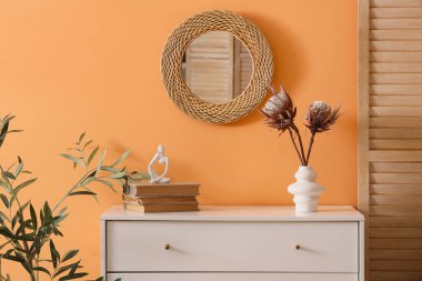 Vazoda protea çiçekleri, kitaplar, insan figürü ve duvarda ayna olan çekmeceler.