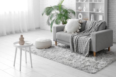 Oturma odasındaki kanepe, raf ünitesi, ev bitkisi ve kahve masası.