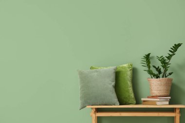 Bench with houseplant and cushions near green wall in room