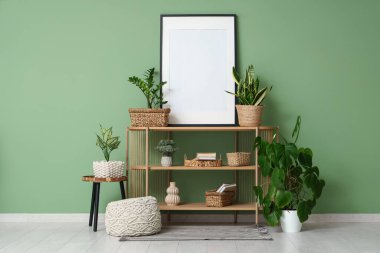Raflar, ev bitkileri, pouf ve çerçeve yeşil duvarın yanında.