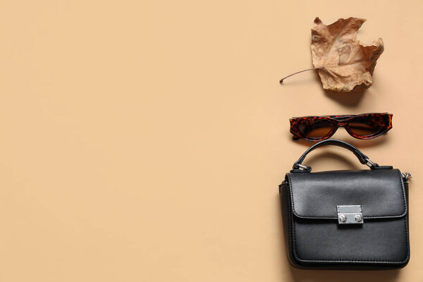 Стильная сумка, солнцезащитные очки и сухой лист на бежевом фоне