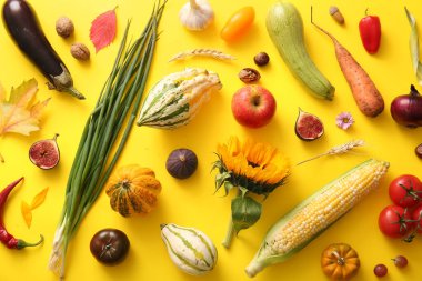 Farklı taze sebzeler, meyveler ve sarı arka planda ayçiçeği. Hasat festivali