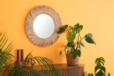 Oturma odasının iç tarafında çiçek ve ayna olan çekmeceler.