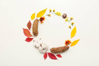 Sonbahar yapraklarından yapılmış çerçeve farklı çiçekler, kestane ve beyaz arka planda çam kozalakları