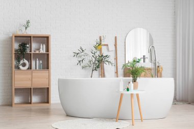 Banyonun içinde küvet, lavabo ve saç bakım ürünleri var.