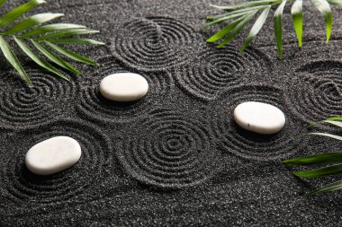 Beyaz taşlar ve palmiye yaprakları siyah kumların üzerinde çizgilerle. Zen kavramı