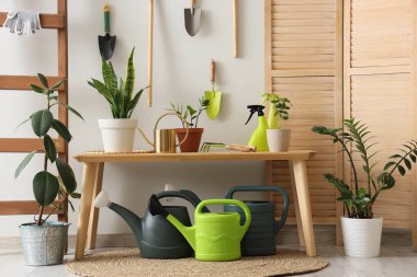 Bahçe aletleri, tablo ve katlama ekranlı atölyenin içi