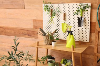 Bahçe aletleri, tahta ve raf üniteli atölyenin içi