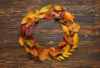 Düşen güzel yapraklardan, meşe palamudlarından ve koyu ahşap arka planda kızılcık üzümlerinden yapılmış bir çerçeve.