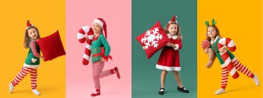 Arka planda Noel yastıkları olan bir grup tatlı kız.