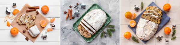 Коллаж с вкусными рождественскими украшениями на светлом фоне