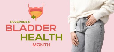 Young woman suffering from cystitis on pink background, closeup. Banner for Bladder Health Awareness Month clipart