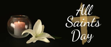 Banner for All Saints Day with burning candle and flower clipart