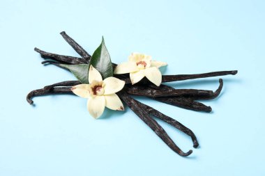Mavi arka planda Aromatik vanilya çubukları ve çiçekler