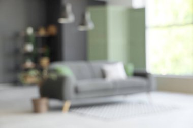 Rahat bir kanepe, halı ve sallanan lambalar oturma odasında. Bulanık görünüm