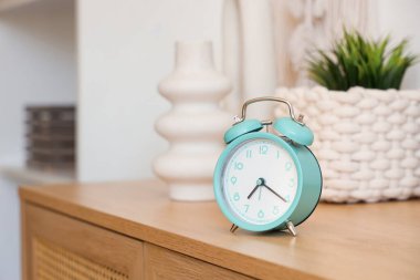Turkuaz alarm saati, vazo ve ev bitkisi olan bir oda. Yakın çekim.