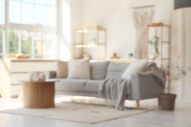 Oturma odasının içinde kanepe ve sehpa var. Bulanık görünüm