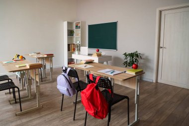 Okul sıraları ve temiz karatahtayla dolu boş sınıfın içi