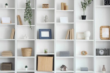 Oturma odasında farklı dekorasyonu olan büyük bir raf ünitesi, yakın çekim.