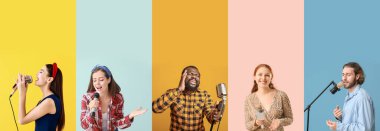 Renkli arka planda mikrofonları olan şarkı söyleyen insanlar.