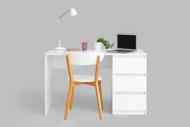 Beyaz arka planda dizüstü bilgisayarı, lambası ve bitkisi olan şık masa