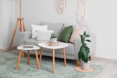 Gri kanepesi, kahve masası ve beyaz duvarın yanında standart lambası olan şık bir oturma odası.