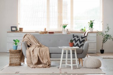 Gri kanepe, sehpa, yastıklar ve raflar oturma odasında.