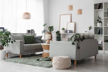 Gri koltukları, raf ünitesi ve ev bitkileriyle modern oturma odasının içinde.