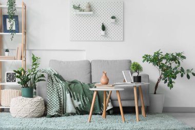 Gri kanepesi, raf ünitesi ve sehpaları olan modern oturma odasının içinde.