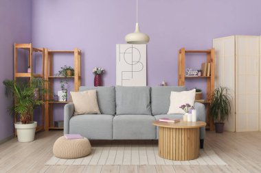 Rahat bir kanepe, sehpa ve oturma odasının iç kısımlarında raflar.