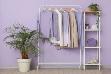 Rafa kaldırma ünitesi, ev bitkileri ve şık iç mekan kıyafetleri.